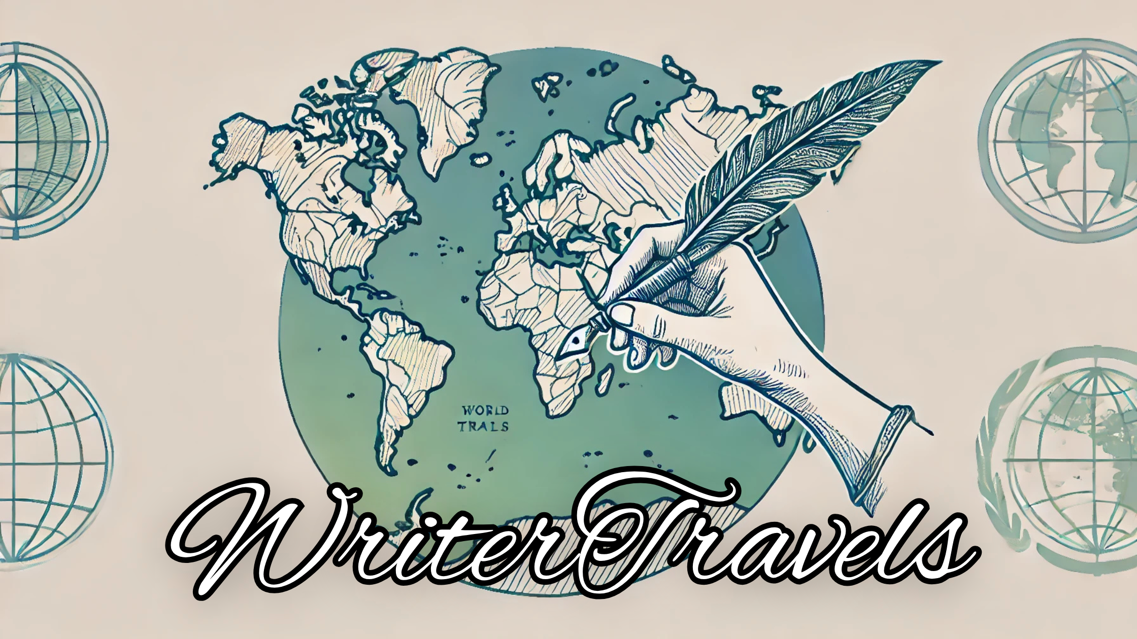 WriterTravels Logo - a stylized map of the world on a circular blue background, with a hand holding a quill pen drawing the map. The blog title, WriterTravels, is superimposed over the image.